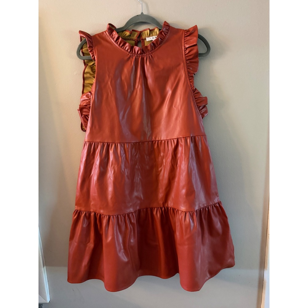 THML Faux Leather Ruffle Tiered Mini Babydoll Dress Rust Orange Womens Medium